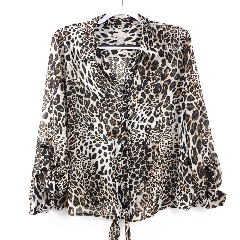 Chico's Animal Print Sheer Button Up Tie Front Blouse 2 L
